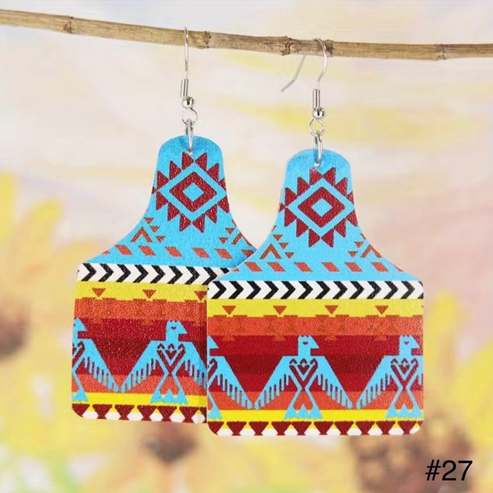 #27 | Aztec Motif with Thunderbird Cow Ear Tag Dangle Earrings.